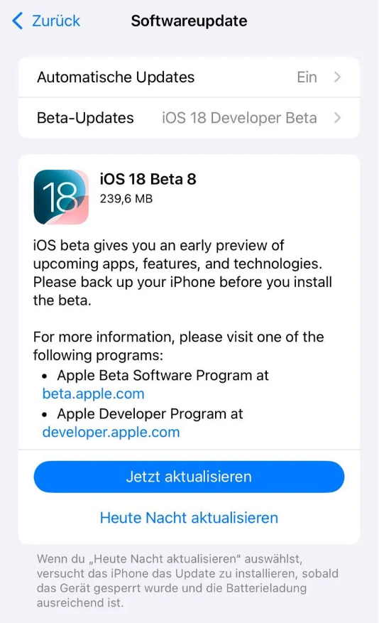 响水镇苹果手机维修分享苹果 iOS / iPadOS 18 开发者预览版 Beta 8 发布 